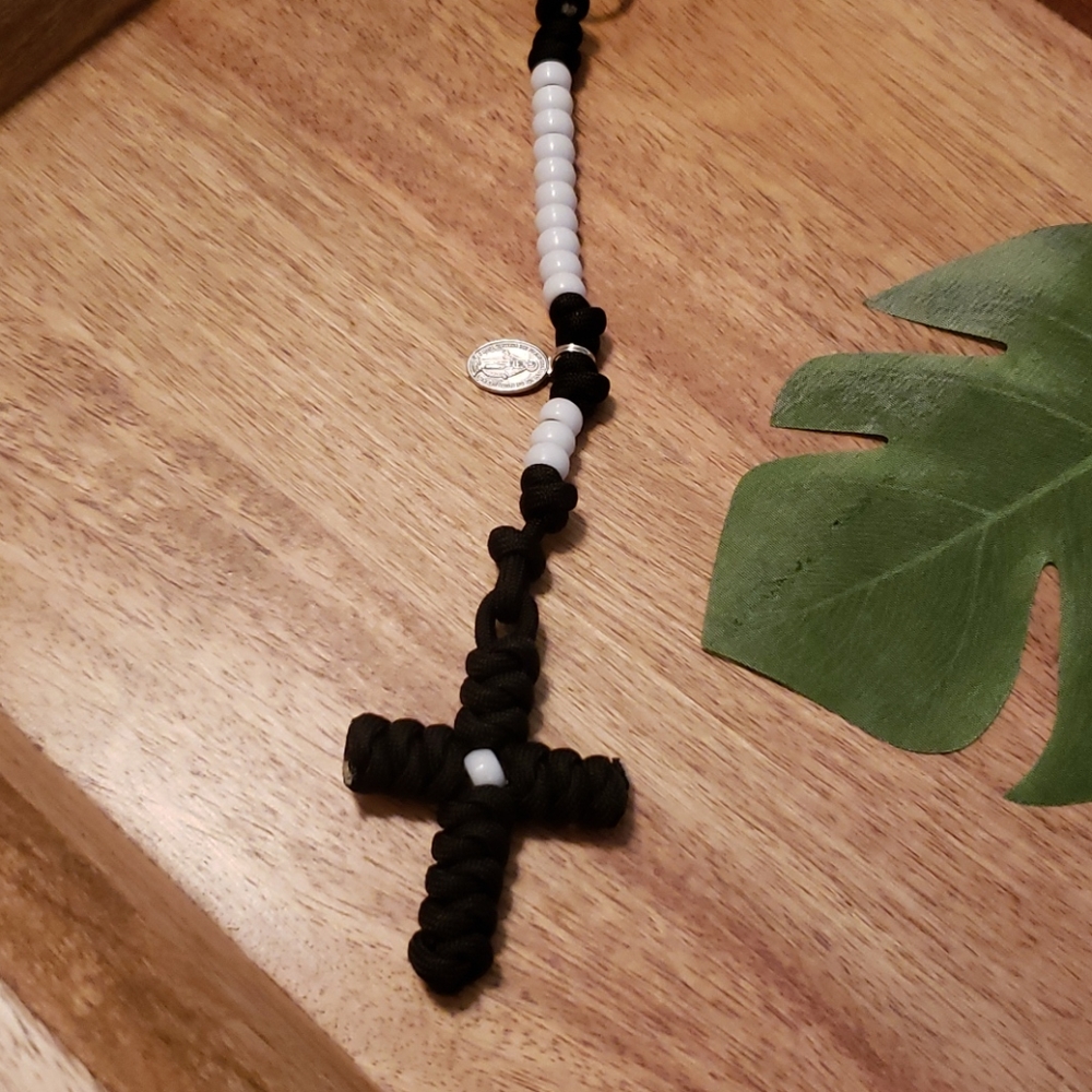NEW! Rosary Keychain HANDMADE White on Black